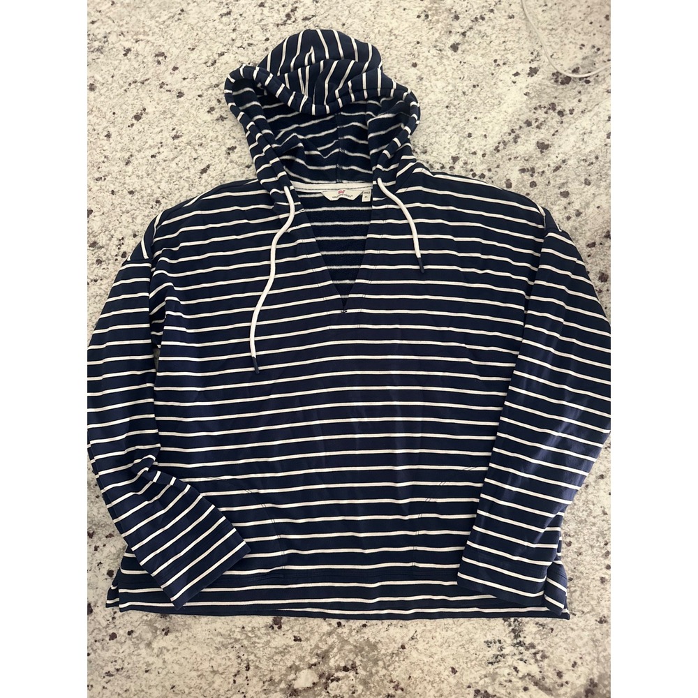 Vineyard Vines Navy Blue & White Striped V-Neck Hoodie Sweatshirt XL